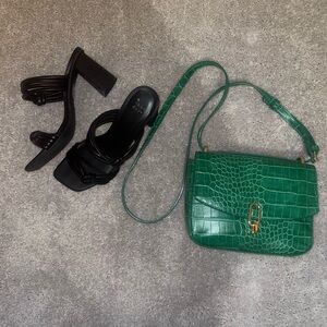 Cute Black Strappy Heel + Free Green Crocodile Print Purse (Bundle)